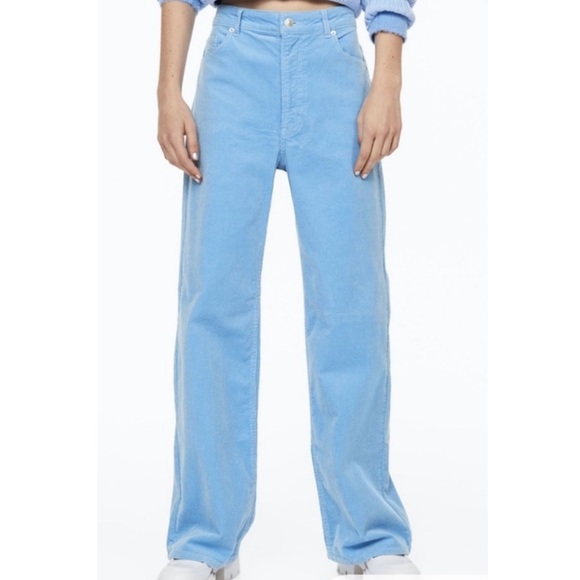 H&M Flared Corduroy Trousers Pants Pockets Light Blue 6 - Picture 1 of 6